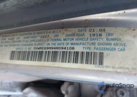 2004 Volkswagen Jetta Gl 1.8T из США, поврежденный, VIN 3VWRE69M94M094106